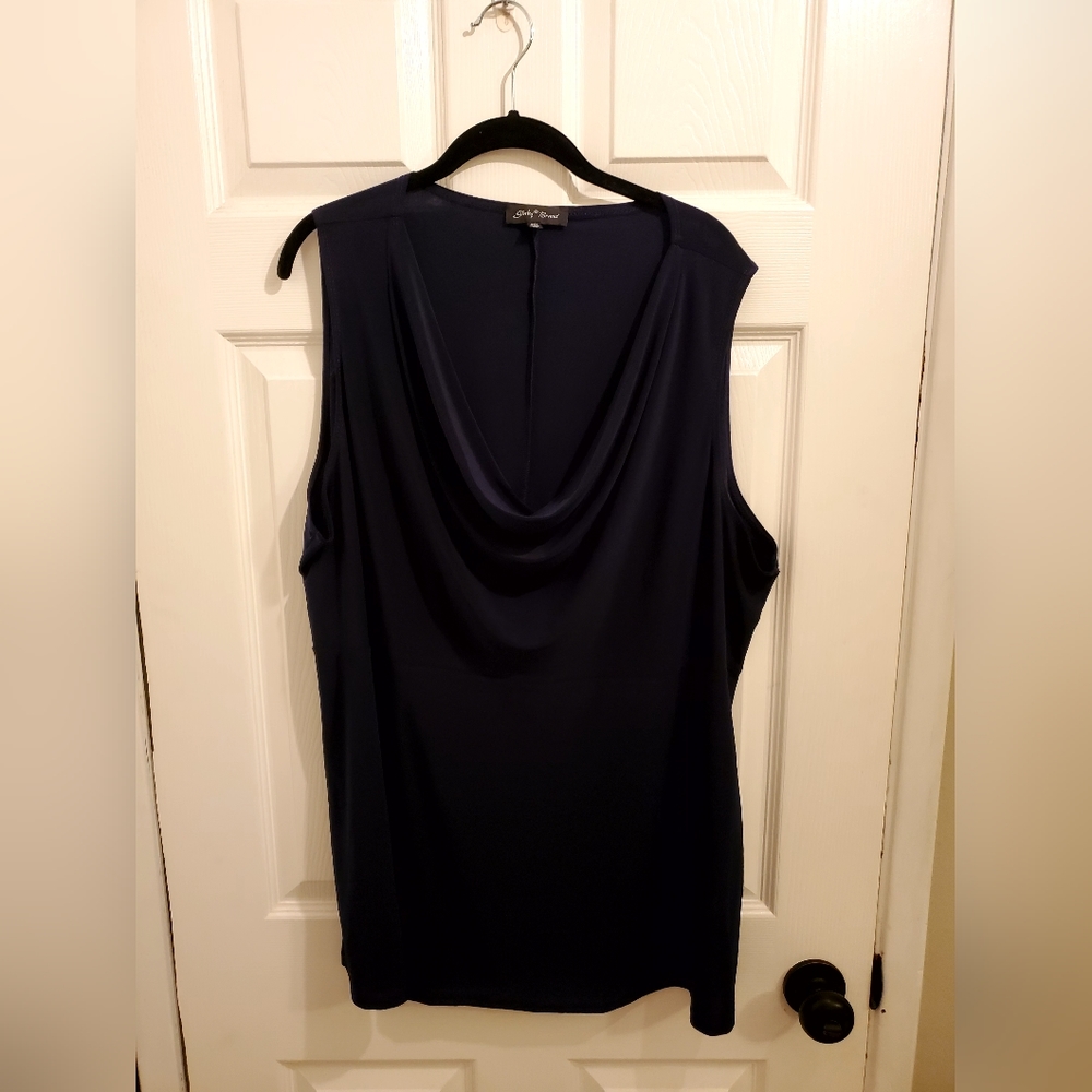 Womens Slinky Brand navy cowl neck sleeveless blouse. Size 2X. Like new!